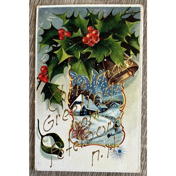 Postcard c1909 Christmas Greetings from Peterboro New Hampshire Gold Embossed - Picture 1 of 4